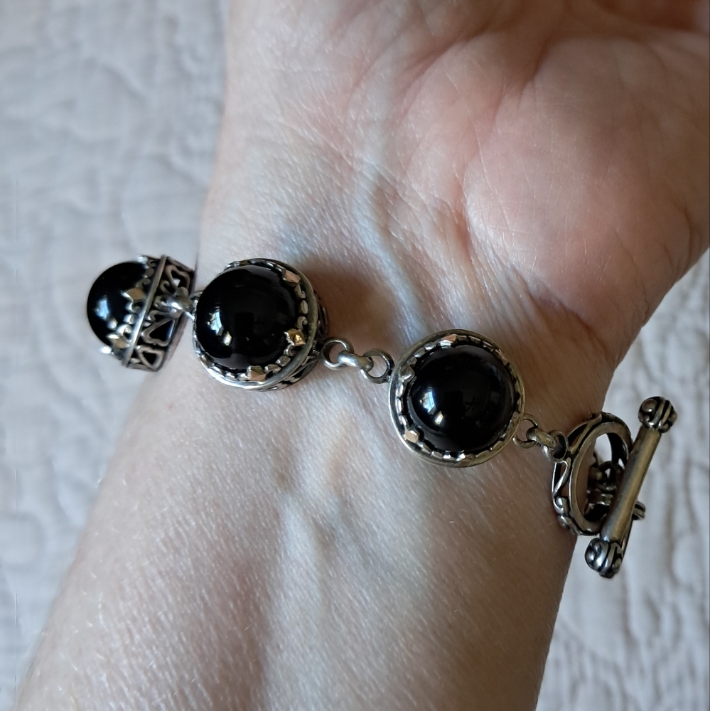 Designer Sterling Silver & 18k Yellow Gold Onyx Cabochon Panel Designer Bracelet
